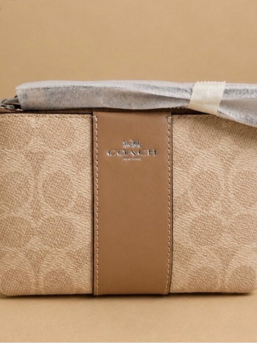Coach Tan Signature Canvas Wristlet with Leather Trim